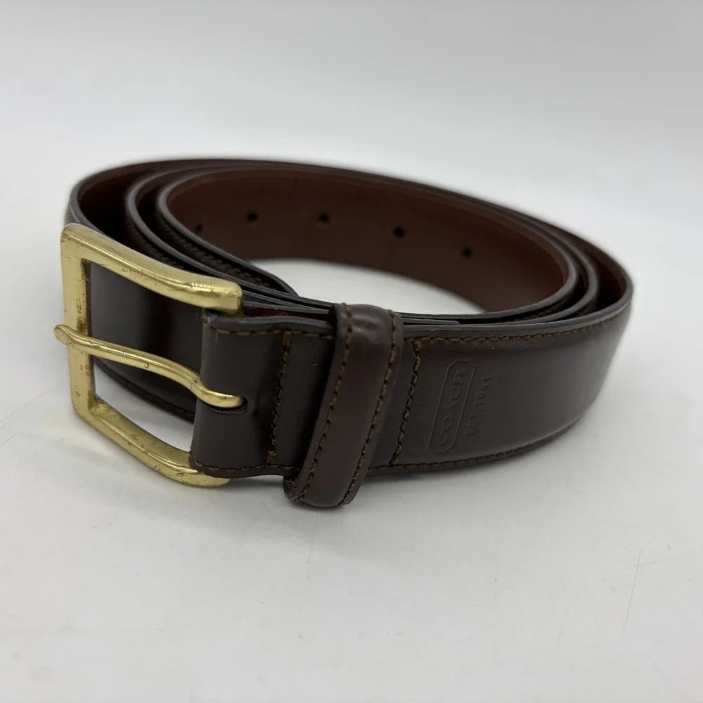 COACH Mens 38 Dress Belt Brown Genuine Calfskin #5953 100% Brass Buckle 36.5-40